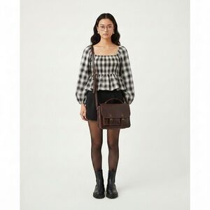 Pleione $48 Black & White Plaid Peplum Top Puff Sleeve Smocked S P2P 15-16.5”